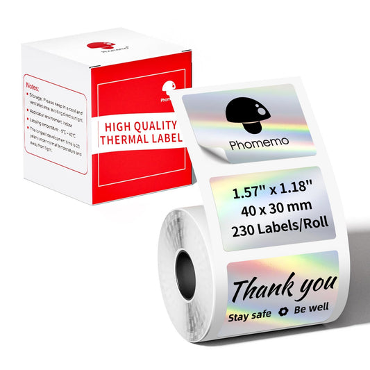 Phomemo 1 Roll 40 x 30mm Holographic Silver Thermal Labels for M120 / M220 / M110/M200 Label Printer, Multifunctional Square Stick Code Labels Name, Price, Address, 230