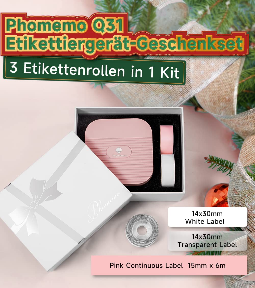 Phomemo Q31 Étiqueteuse Bluetooth Q31 - Kit cadeau - Imprimante d'étiquettes pour votre famille et vos amis - Étiqueteuse autocollante pour la maison et le bureau - Avec 3 rouleaux d'étiquettes (rose)