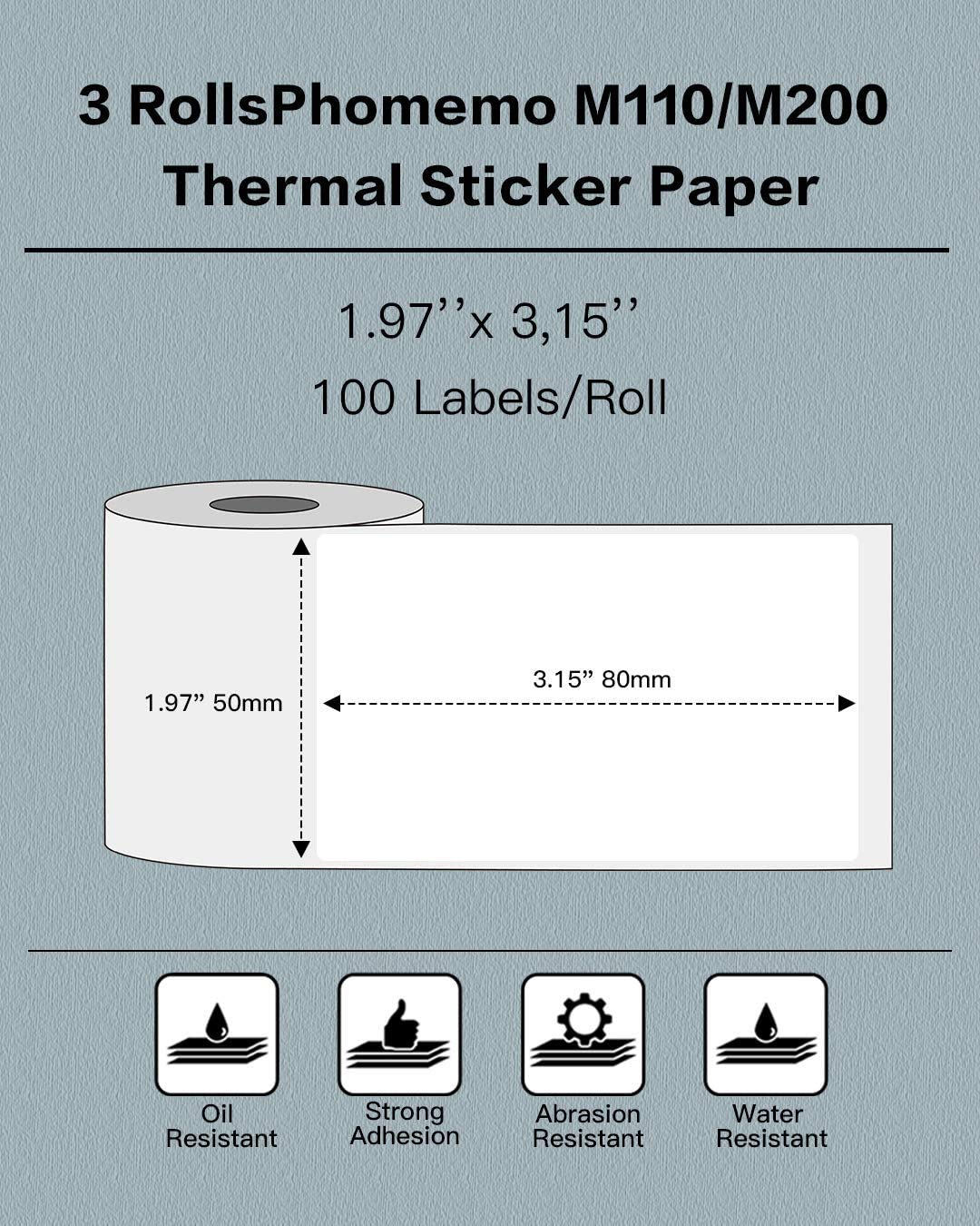 Phomemo 3 rollen M110 labelpapier, multifunctioneel zelfklevend voor Phomemo M110, M200, M120, M220, M221 etiket 50 x 80 mm, in totaal 3 rollen, 100 etiketten/rol