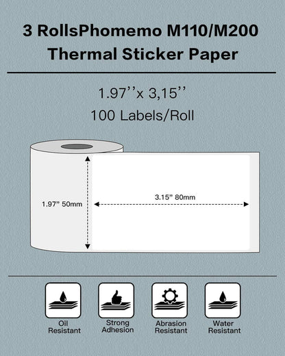 Phomemo 3 rollen M110 labelpapier, multifunctioneel zelfklevend voor Phomemo M110, M200, M120, M220, M221 etiket 50 x 80 mm, in totaal 3 rollen, 100 etiketten/rol
