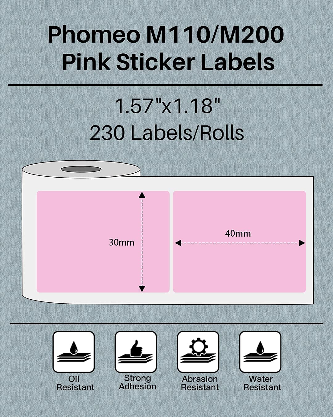 Phomemo Thermal Labels for Phomemo M110 M200, Label, Multifunctional Adhesive Label, 40 x 30 mm (1.57 x 1.18 inch), Suitable for Phomemo M110 M200, Label Printer, 230 Labels/Roll, Light Pink