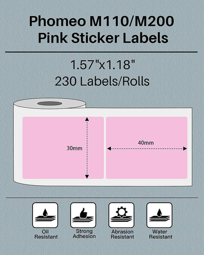 Phomemo Thermal Labels for Phomemo M110 M200, Label, Multifunctional Adhesive Label, 40 x 30 mm (1.57 x 1.18 inch), Suitable for Phomemo M110 M200, Label Printer, 230 Labels/Roll, Light Pink