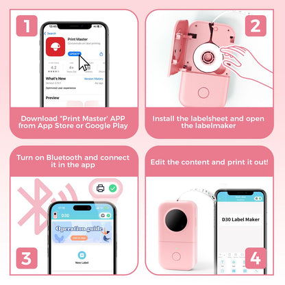 Phomemo D30 Etiket Yazıcı Etiketleme Cihazı Kendinden Yapışkanlı Bluetooth Etiket Yazıcısı Mini Etiketleme Makinesi 5 Rulo Etiket Kağıdı Hediye Kutusu, Ev ve Ofis için Uygun Etiketleme Makinesi - Pembe