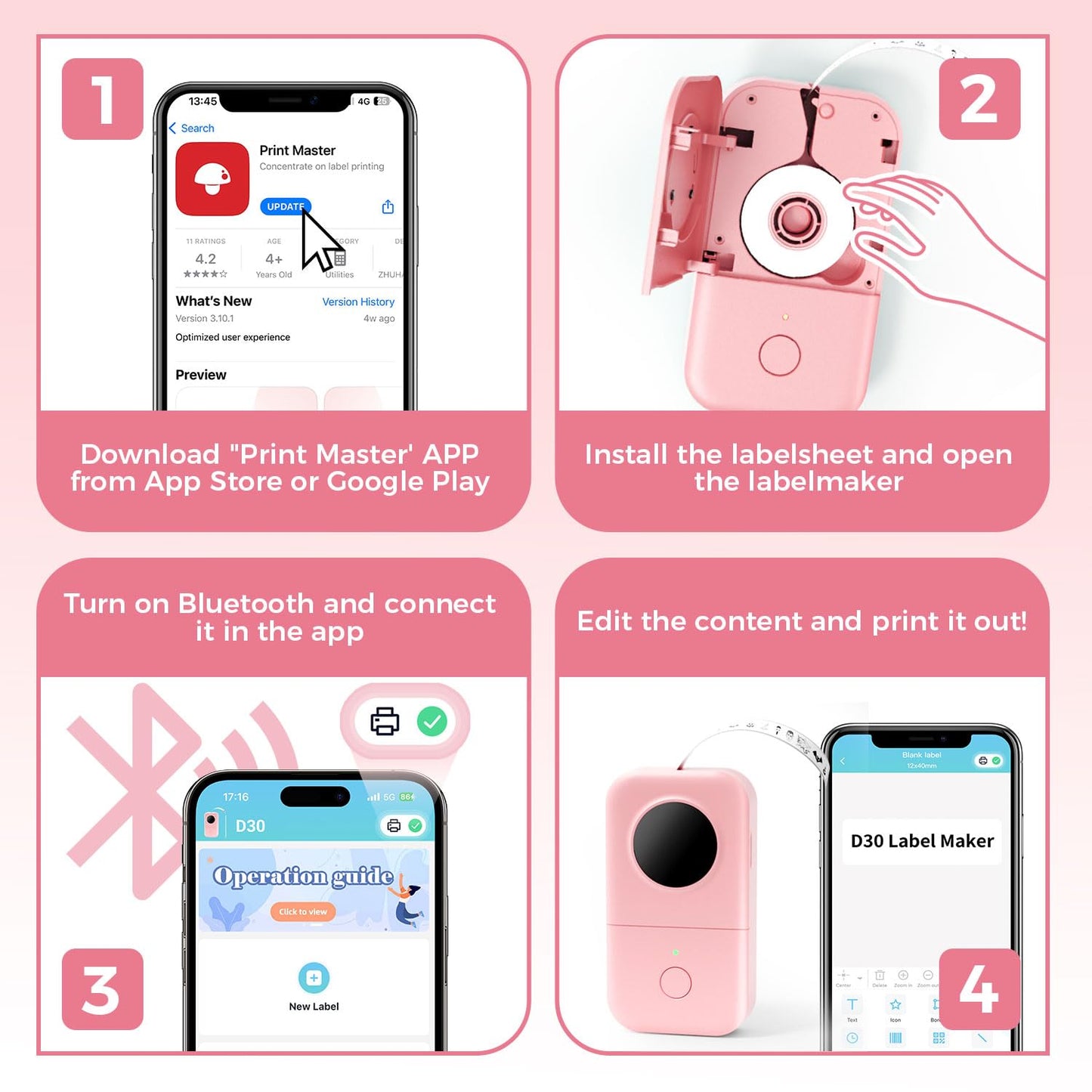 Phomemo D30 Etichettatrice Bluetooth, Mini Etichettatrice Etichette Adesive, Stampante Termica per iOS & Android,Bluetooth Stampante Etichette Autoadesive per La Casa, L'ufficio e la Scuola - Rosa
