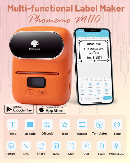 Phomemo - M110 Label Printer - Wireless Bluetooth Thermal Label Machine for Clothing, Jewelry, Retail, Home, Portable Barcode Labeling Machine Compatible with Android and iOS Phone, Orange