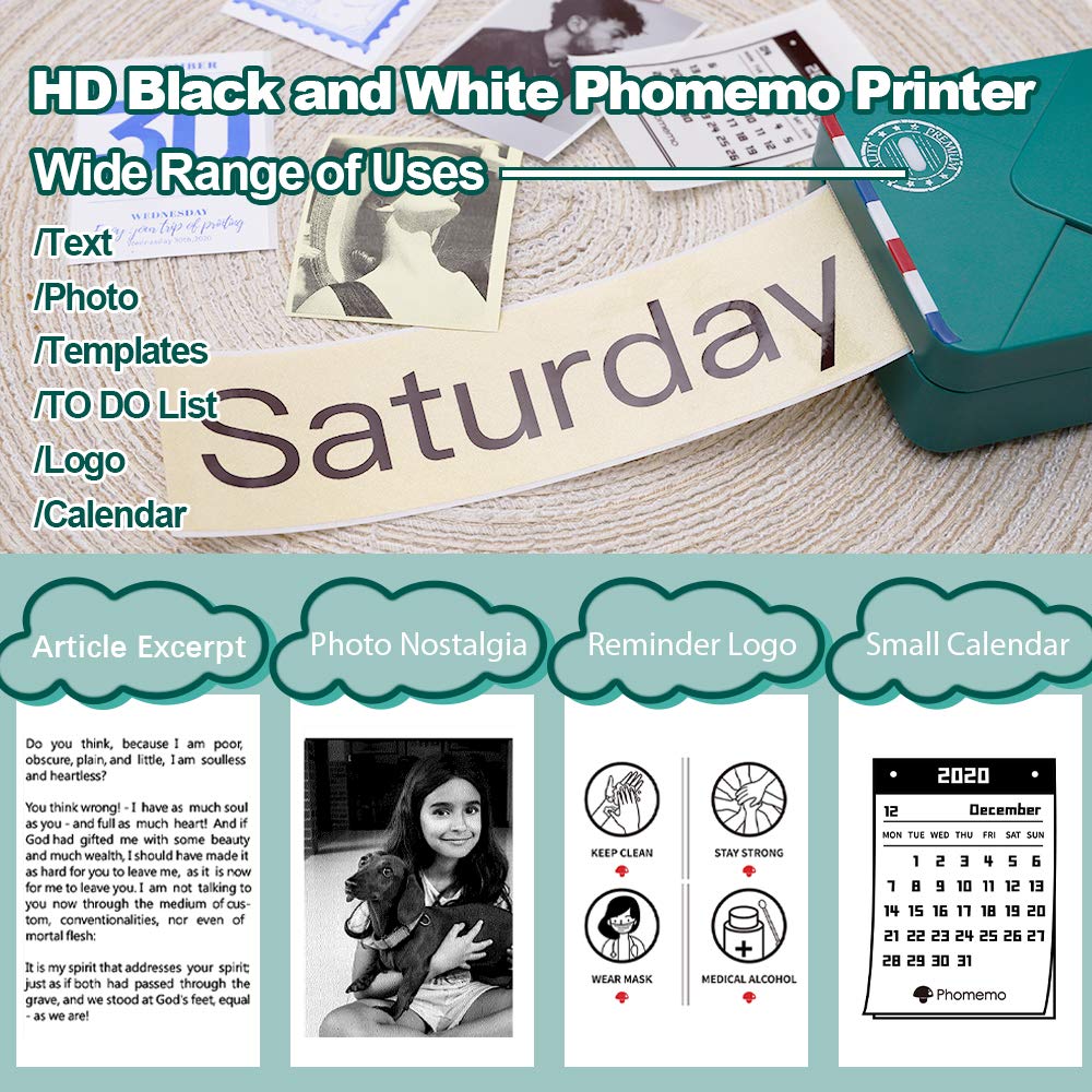 M02S Pocket Printer - Mini Wireless Bluetooth Portable Thermal 300dpi HD Rechargeable Photo Printer for Journal Gift Card Photos and More Printing, Compatible with Phomemo iPhone and Android, Green