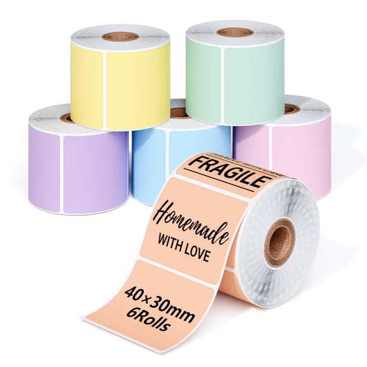 Phomemo 6 Rotoli Etichette Colorate M110 Etichette Quadrate -1.57''x1.18''(40x30mm),Compatibile con Phomemo M110 M120 M220 M221 M200 Stampanti,230 Etichette/rotolo,6 Rotoli Etichette Colorate