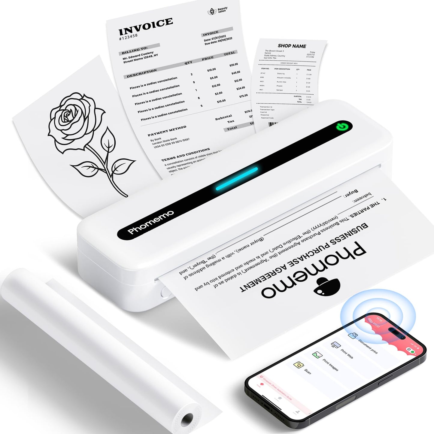 Phomemo Portable Printers Wireless for Travel, M832 Bluetooth Thermal Printer for Phone Laptop, Support 8.5'' X 11''/A4/2.08''/3.15''/4.33'' Thermal Paper, Inkless Mobile Printer for Vehicle Home Office
