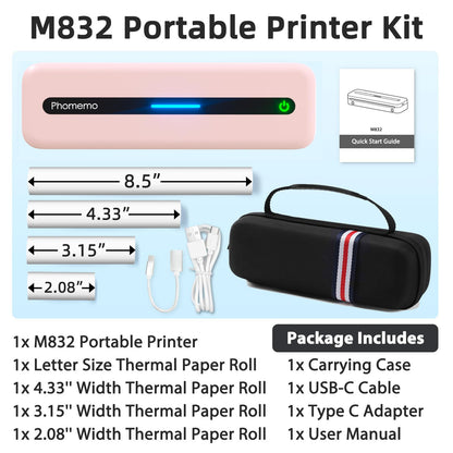 Phomemo Portable Inkless Printer, M832 Wireless Bluetooth Thermal Printer for Phone Laptop, Support 8.5''x11''/A4/4.33''/3.15''/2.08'' Thermal Paper, Travel Mobile Printer for Office Home School with Case