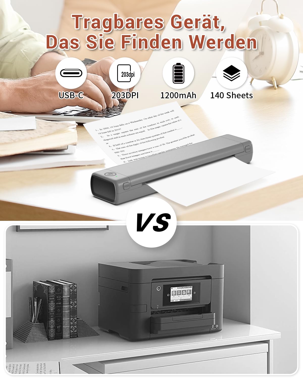 Phomemo Portable Drucker, M08F Bluetooth Mobile Tragbarer Drucker A4 unterst¨¹tzen 210x297mm A4 Thermopapier, Wireless No-Ink Reisedrucker, kompatibel mit Android und iOS f¨¹r Unterwegs & Laptop