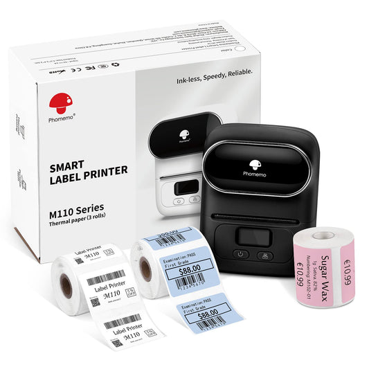 Label Maker - Phomemo M110 Portable Bluetooth Thermal Mini Label Maker Machine, Sticker Maker, Barcode Printer for Clothing, Jewelry, Retail, Mailing, Compatible with Android & iOS System