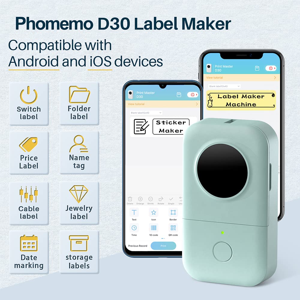 Label Machine - Mini Bluetooth Label Machine, D30 Sticker Machine, Thermal Label Printer, for iOS and Android, with 12x40mm White Label, Green