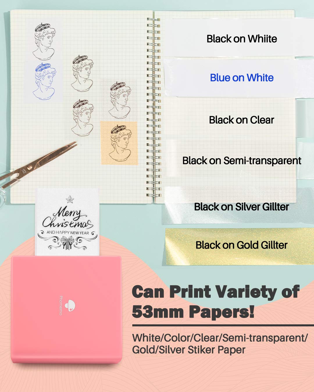 Phomemo Sticker Printer- with 3 Rolls Paper M02 Thermal Printer Mini Pocket Printer Sticker Maker for Photo Printing, Study Notes, List, Work, Gift, Receipts, Pink