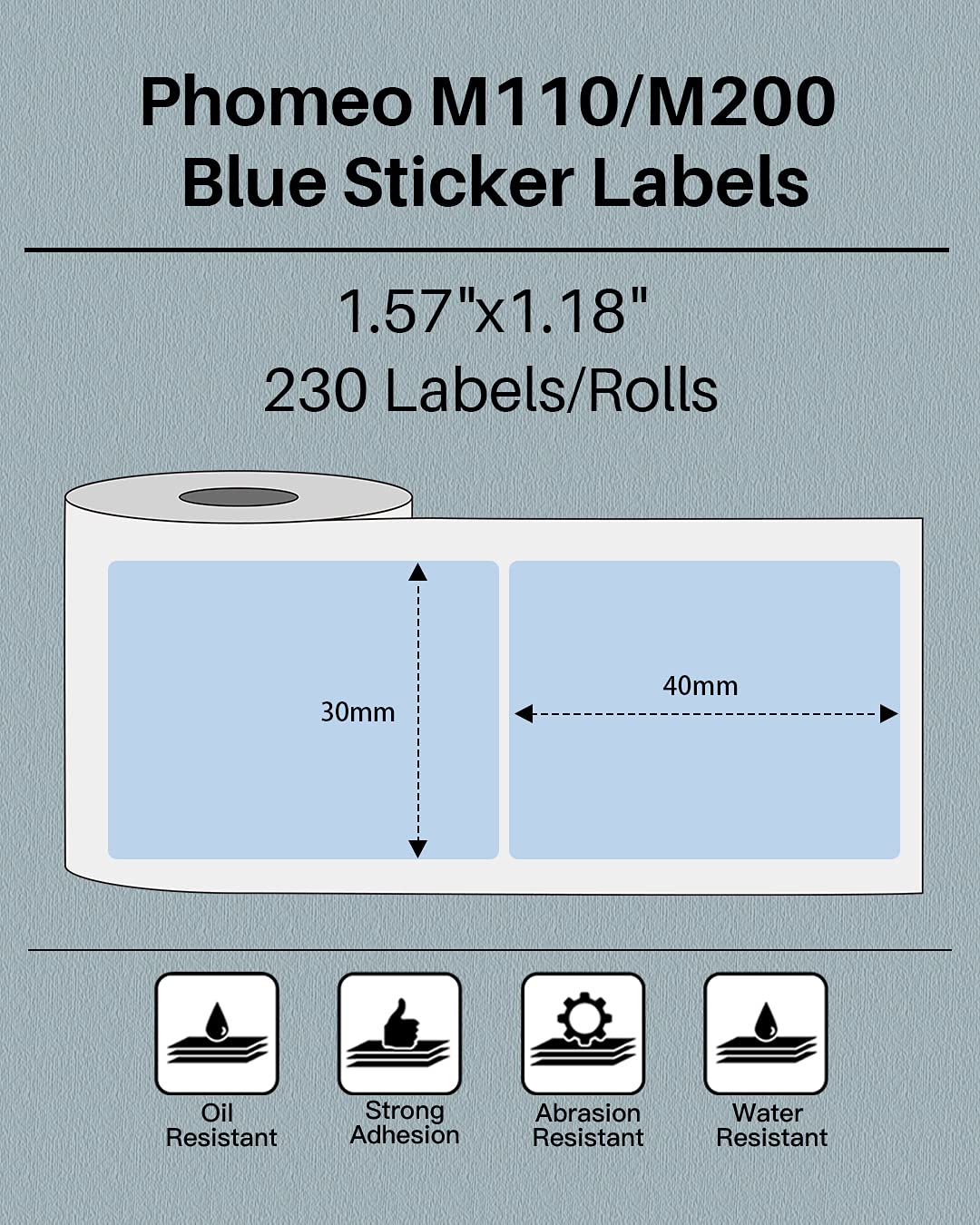Phomemo Sticker Label M110/M221/M220/M120/M200/M110S Thermal Label- Black on Blue 1.57''x1.18''(40x30mm) for Small Business, Home, Office, 230 Labels/Roll