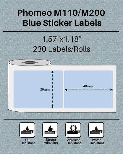 Phomemo Sticker Label M110/M221/M220/M120/M200/M110S Thermal Label- Black on Blue 1.57''x1.18''(40x30mm) for Small Business, Home, Office, 230 Labels/Roll