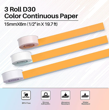 Phomemo 3 Roll D30 Adhesive Continuous Thermal Label Paper 1/2 in X 20 Ft (15mm X 6m) Black on Orange
