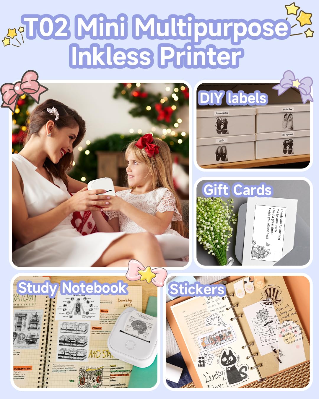 Phomemo Sticker Printer - T02 Portable Bluetooth Thermal Printer Label Maker - Mini Inkeless Sticker Maker Printer - Pocket Printer for Study Notes, Stickers, Photos, DIY Printing, White