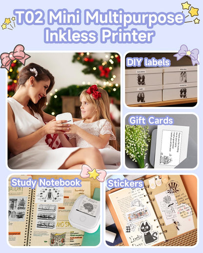 Phomemo Sticker Printer - T02 Portable Bluetooth Thermal Printer Label Maker - Mini Inkeless Sticker Maker Printer - Pocket Printer for Study Notes, Stickers, Photos, DIY Printing, White