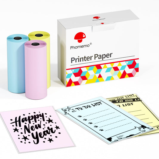 Phomemo Pink/Yellow/Blue Non-Adhesive Thermal Paper, Color Printer Paper Compatible with Phomemo T02/M832/M02/M02S/M04S Thermal Printer, 53mm x 6.5m, Storage Time 5 Years, 3 Rolls