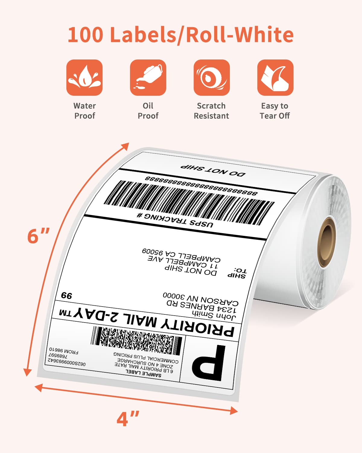 100 PCS 4x6 Thermal Label Roll - White 4''x6'' Labels Shipping Supplies Labels for Thermal Label Printer - Permanent Adhesive Thermal Shipping Label for Shipping Packages - Water/Oilproof Mailing Labels