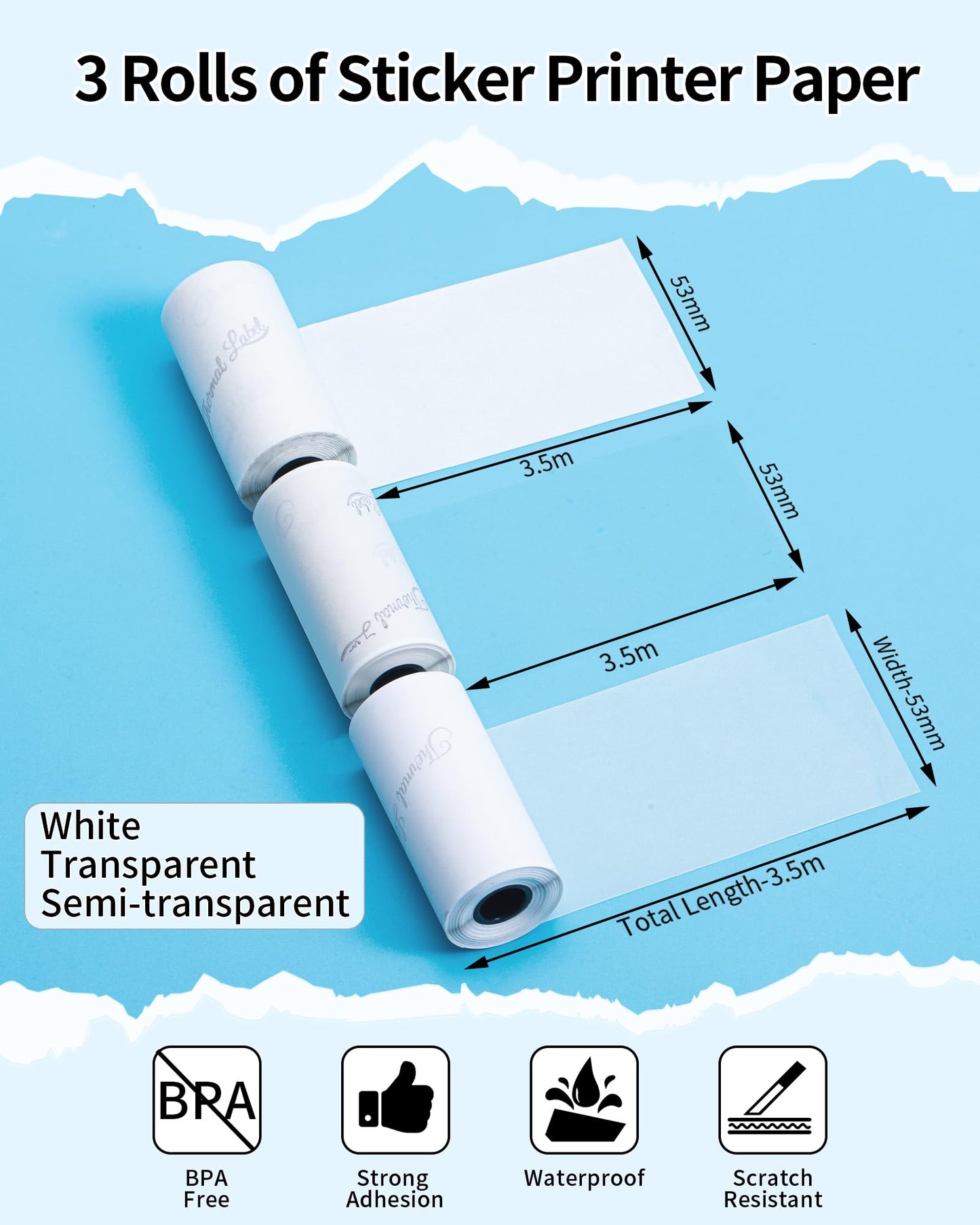 Phomemo Zelfklevend thermisch papier voor draagbare thermische printer T02 M02PRO M02S M03 M04S M03AS M04AS, wit/transparant/semi-transparant, 53 mm x 3,5 mm, 3 rollen