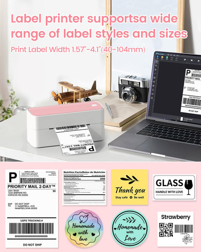 Phomemo 241BT Bluetooth Label Printer, 4x6 DHL Thermal Printer, Corporate Adhesive Label Printers, UPS, Amazon, DHL, Shopify, Ebay - Pink