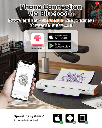 Phomemo Tattoo Stencil Printer, M08F Bluetooth Tattoo Printer for Tattoo Studios, Artists & Beginners, Wireless Tattoo Machine Compatible with Phone, iPad & PC, with 1 Case & Tattoo Transfer Paper