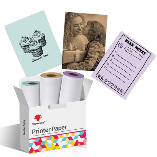 Phomemo Adhesive Thermal Sticker Paper for M832/M03/M03AS/M04S/M04AS Wireless Pocket Printer, Black on Green/Purple/Orange Paper, 3.03''(77mm) Width X 3.5m Length, 3 Rolls, Stored for 20 Years