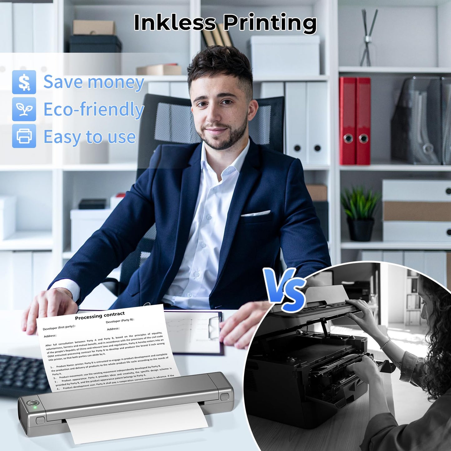 Phomemo Portable Printers Wireless for Travel, M08F Thermal Printer Bluetooth Thermal Printer Compatible with Smartphone & PC, Inkless Mobile Printer for Home Use, Office, Vehicle, School