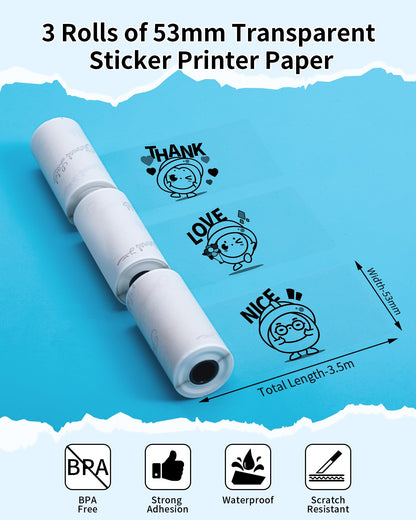 Phomemo Przezroczysty papier do Phomemo M02PRO, T02, M02, M02S, M03, M03AS, M04S, M04AS mini drukarka do smartfon¨®w, 53 mm x 3,5 m, 3 rolki