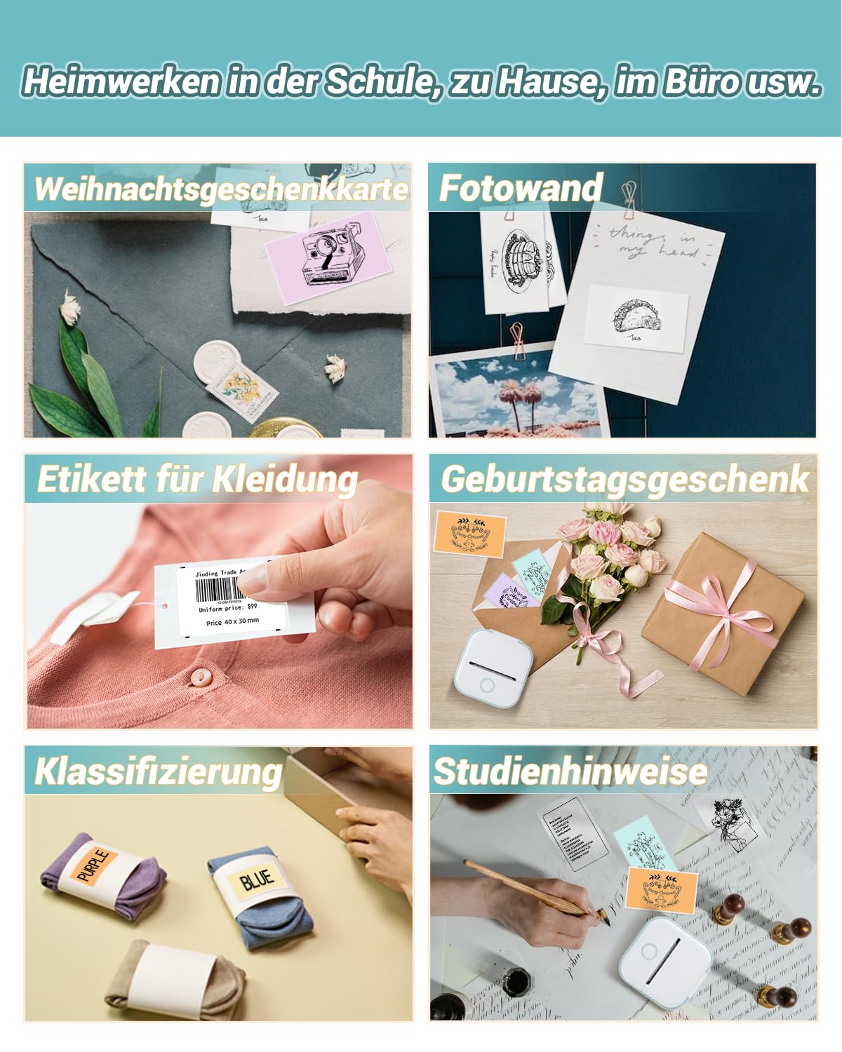 Papier für Sticker Drucker, Drucker Papier für Taschendrucker, Thermopapier für T02/Q02/M02X/M02L, 10 Jahre Klebrig Phomemo Papier, Schwarz auf Weiß Liene Fotodrucker Papier, 3 Rollen 50mm*3.5m