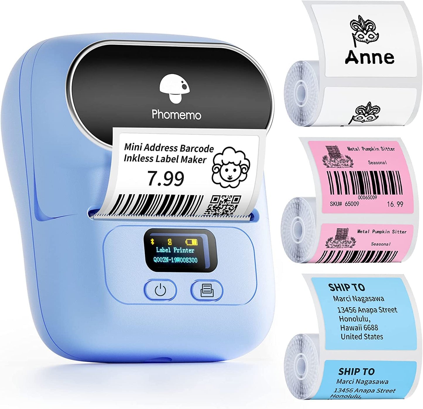 Phomemo Stampante per etichette M110, etichettatrice Bluetooth, autoadesiva, per codice a barre, con 3 rotoli da 40 x 30 mm, colore blu