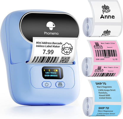 Phomemo Stampante per etichette M110, etichettatrice Bluetooth, autoadesiva, per codice a barre, con 3 rotoli da 40 x 30 mm, colore blu