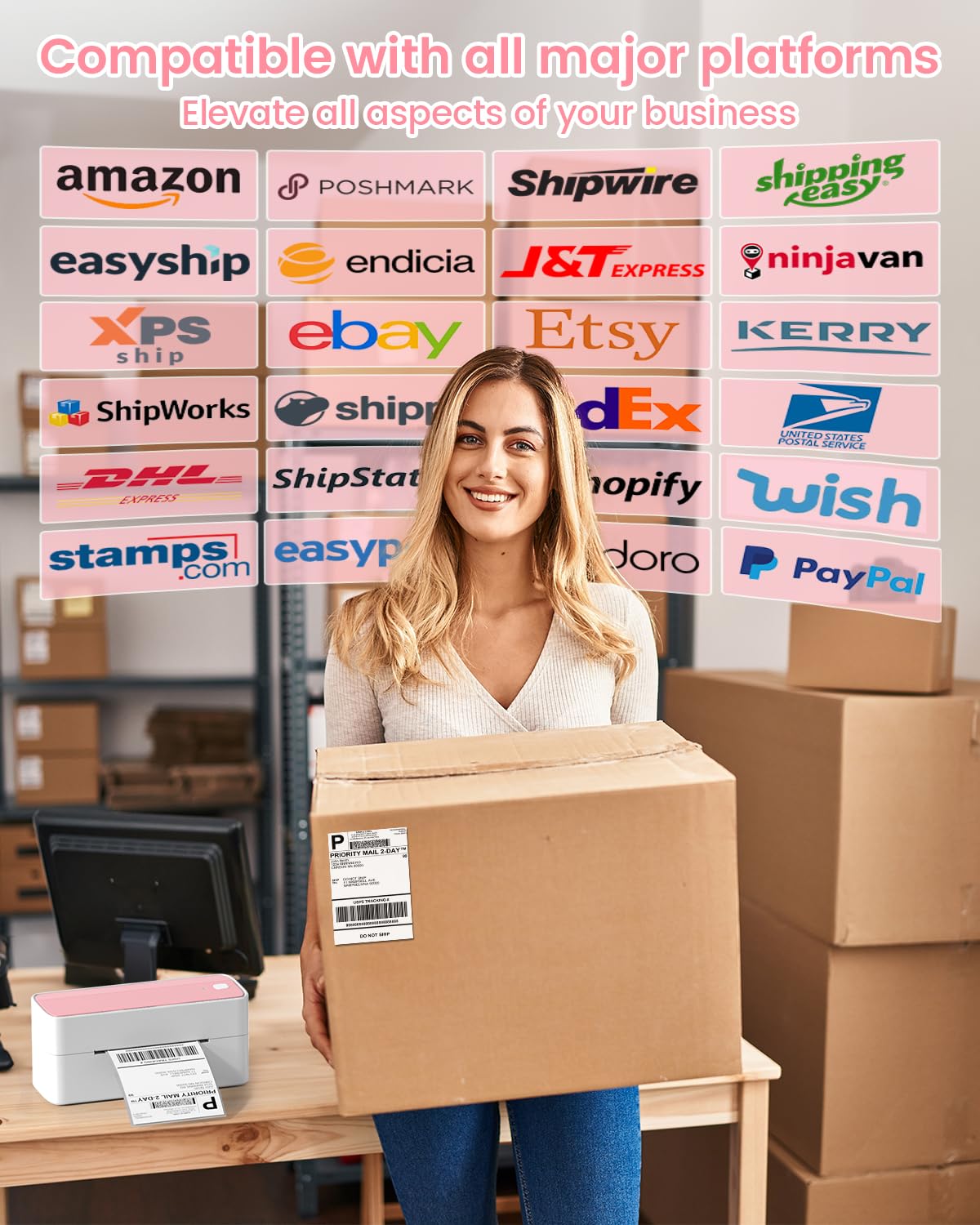 Phomemo 241BT Bluetooth Label Printer, 4x6 DHL Thermal Printer, Corporate Adhesive Label Printers, UPS, Amazon, DHL, Shopify, Ebay - Pink