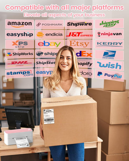 Phomemo 241BT Bluetooth Label Printer, 4x6 DHL Thermal Printer, Corporate Adhesive Label Printers, UPS, Amazon, DHL, Shopify, Ebay - Pink