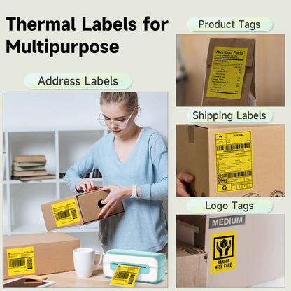 Phomemo Yellow Shipping Labels- 4X6'' Thermal Shipping Labels -Fan-Fold Labels for Shipping Labels, Address Labels, Product Logo Labels, Barcode Labels, 500pcs