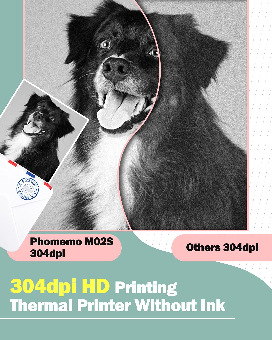 Phomemo 300dpi Pocket Printer- M02S 2inch Bluetooth Thermal Note Printer for Photo Printing, Study Notes, DIY, Work List, Sticker, with Total 6 Rolls Paper, Compatible with iOS and Android, White