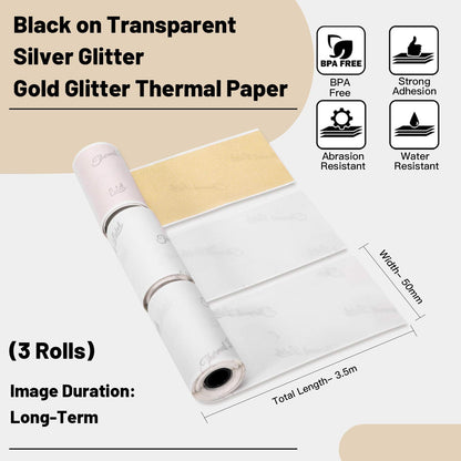 Phomemo Stampante M02/M02Pro/M02S/M03/M03AS/M04S/M04AS Paper, Carta Termica, Trasparente e Argento Glitterato, Set di Carta Adesiva Stampabile, 3 Rotoli