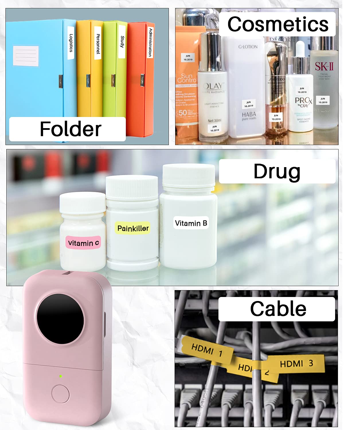 Phomemo D30 Label Maker Machine with Tape 3 Roll Adhesive Label, Bluetooth Mini Label Printer Thermal Wireless Small Labeler Machine for Home, Office Organization,Pink