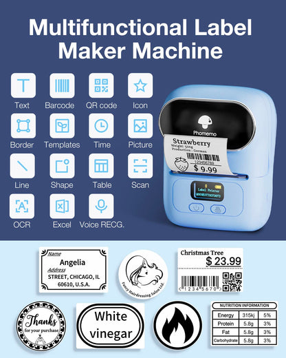 Phomemo Barcode Label Printer- M110 Label Maker Bluetooth Portable Label Maker Machine for Small Business, Address, Barcode, Logo, Clothing, Jerwery, Compatible with iOS & Android, Blue