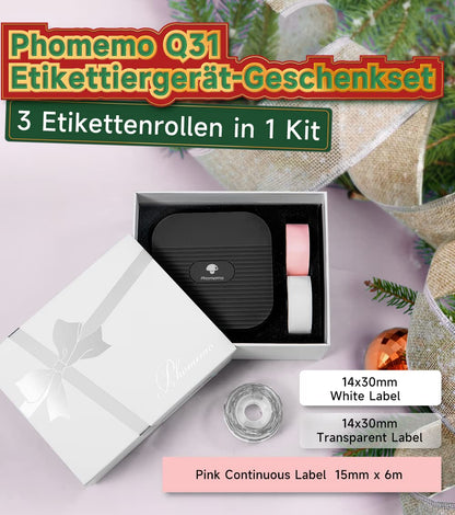 Phomemo Q31 Bluetooth Labeller, Geschenkset Q31 Label Printer voor uw familie en vrienden, Zelfklevende Labeller voor Thuis & Kantoor-met 3 Labelrollen (Zwart)