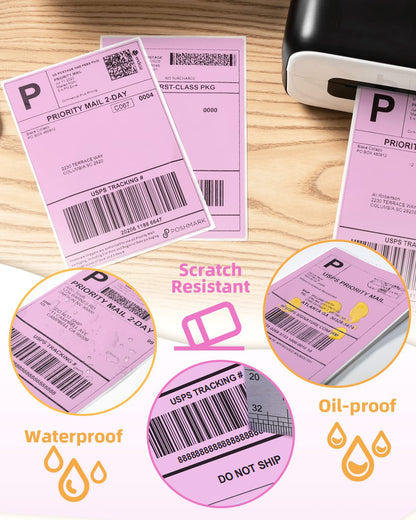 Phomemo 10x15 cm (4x6'') thermische printerlabel, thermisch direct verzendlabel, verpakkingslabel, compatibel met Rollo Dymo Phomemo en andere 4x6'' labelprinters, 100 4x6'' fanfold label, roze