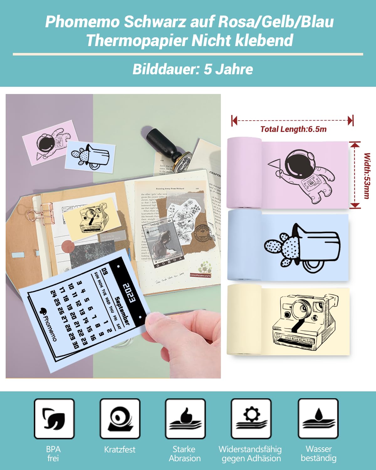 Papier f¨¹r Sticker Drucker, Drucker Papier f¨¹r Taschendrucker, Thermopapier f¨¹r T02/M02X/M02L, 5 Jahre Nicht Klebrig Phomemo Papier, Rosa/Gelb/Blau Liene Fotodrucker Papier, 3 Rollen 53mm*6.5m