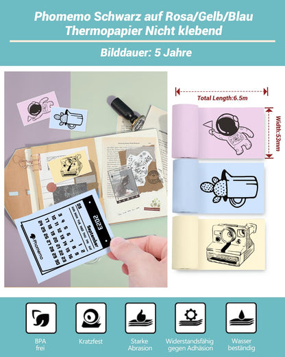 Papier f¨¹r Sticker Drucker, Drucker Papier f¨¹r Taschendrucker, Thermopapier f¨¹r T02/M02X/M02L, 5 Jahre Nicht Klebrig Phomemo Papier, Rosa/Gelb/Blau Liene Fotodrucker Papier, 3 Rollen 53mm*6.5m