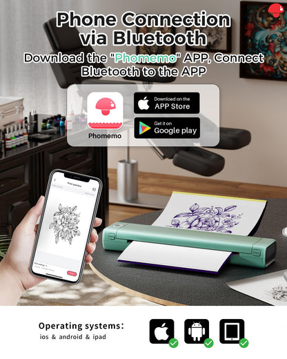 Phomemo Bluetooth Tattoo Stencil Printer, Inkless Tattoo Printer Machine with 10 Pcs Tattoo Transfer Paper & 1 Storage Case, Compatible for Phone, Tablet £¦ PC, Gift for Tattoo Artisits, Frost Green