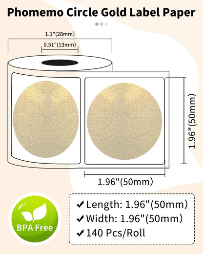 Phomemo 50 x 50 mm Thermiques Ronde Etiquettes pour Phomemo M110 M120 M200 M220 M221 Imprimantes d'Étiquettes pour Les Codes-Barres,Les Adresses,Prix, Logo,Noms,Cartes de Remerciement, Couleur:Or