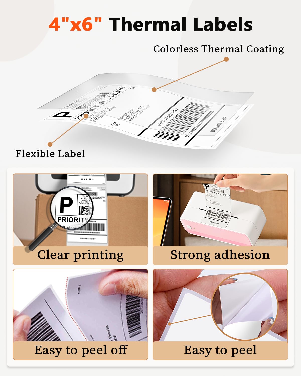Phomemo 4x6 Thermal Direct Shipping Label, 4''x 6'' Fan-Fold Labels, Compatible with Rollo, MUNBYN, Zebra, Fargo Label Printer, 1 Pack of 500 Labels