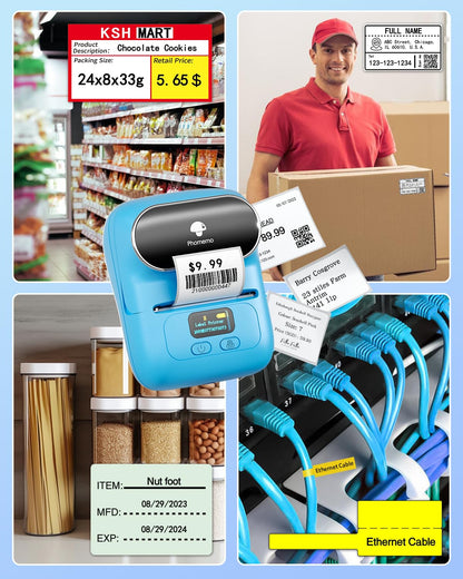 Phomemo -M110 Label Printer Portable Mini Bluetooth Thermal Label Manufacturer for Labelling, Office, Cable, Retail, Barcode and More, Compatible with Android and iOS Systems - Blue
