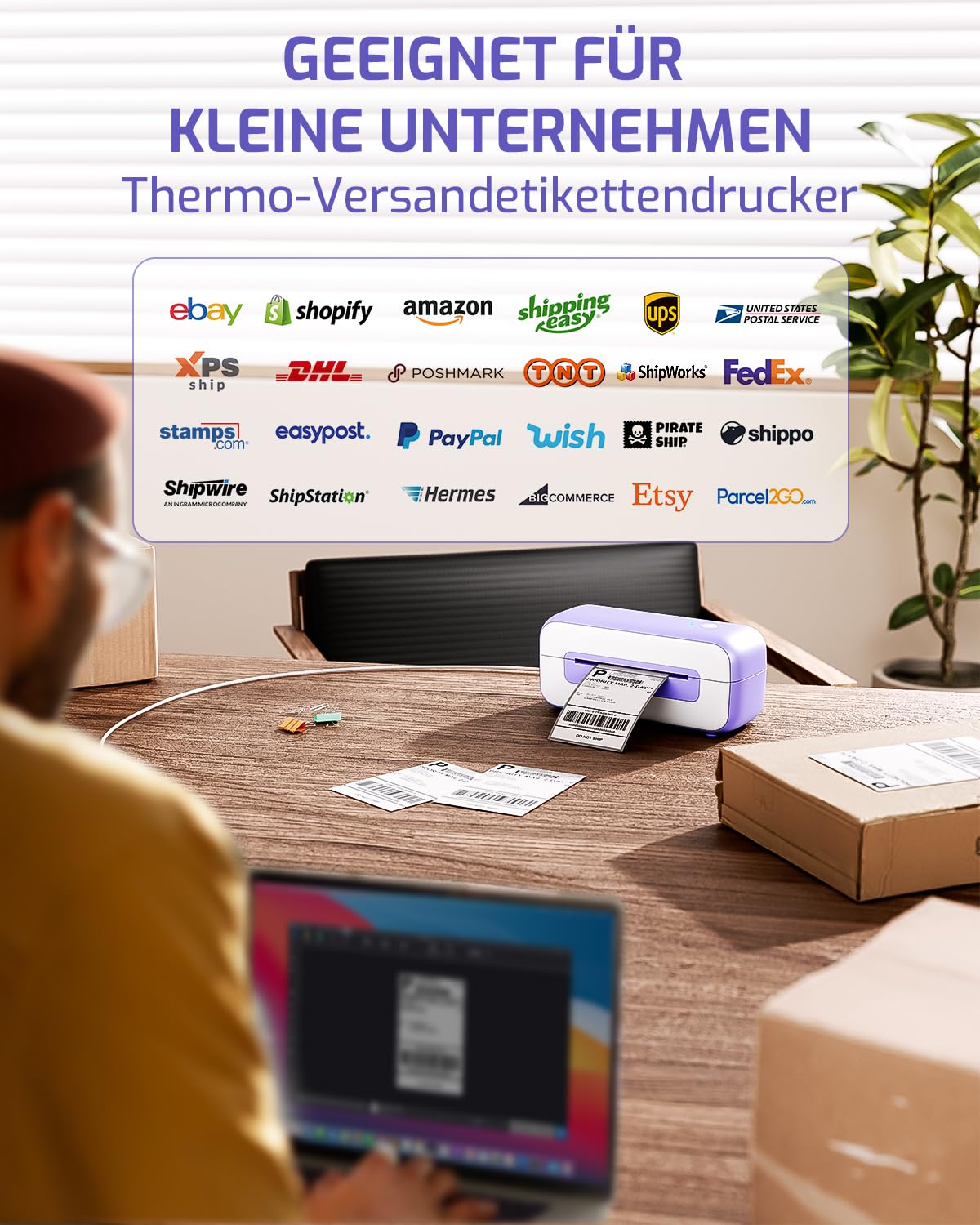 Phomemo Thermo-Etikettendrucker USB,PM246S Versand-Etikettendrucker 4x6,DHL Adress-Etikettendrucker für Kleinunternehmen,Kompatibel mit Amazon,Ebay,Shopify,Etsy,FedEx,UPS(Lila Label Printer