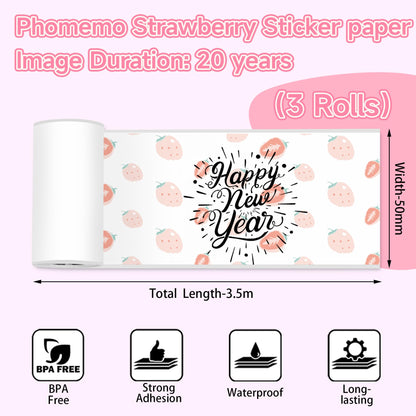 Phomemo Self-Adhesive Thermal Sticker Paper, Color Printer Paper Compatible with Phomemo T02/M832/M02/M02S/M04S Thermal Printer, Black on Milk Strawberry, 50mm x 3.5m, Keep for 20 Years, 3 Rolls